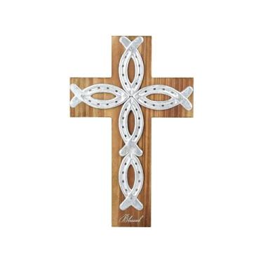 Imagem de Cruz de parede OKSQW 29x19 cm, madeira, metal, decoração rústica