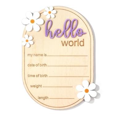 Imagem de NQEUEPN Placa de Anúncio de Recém-Nascido, Placa Madeira Hello World 15cm Placas Nascimento para Meninas Meninos Acessórios Foto Chá Bebê Hospital Quarto(Roxo)