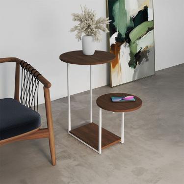 Imagem de Mesal Lateral Cibele Tampo Redondo Ferro Branco Tampo Amêndoa