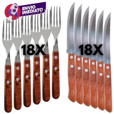 Imagem de Jogo Garfo Refeição E Faca Mesa Talher Em Inox Cabo Madeira Casa Resta
