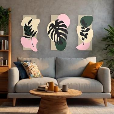 Imagem de Trio Quadros Decorativos 3d Folhas Tropicais Abstratas Moderno Sala Quarto Escritório Jantar