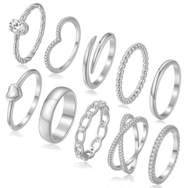 Imagem de PLOMFOV Anéis de ouro empilháveis para mulheres, não manchados, banhados a ouro 14 quilates, empilháveis, delicados, conjunto de anéis de zircônia cúbica, pacote de alianças de casamento de