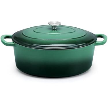 Imagem de E-far Panela de forno holandês oval de ferro fundido esmaltado de 5 litros com tampa, forno holandês antiaderente com alças duplas, panelas resistentes para assar pão de fermento, refogar, ensopados