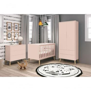 Imagem de Jogo De Quarto Para Bebê Completo 2 Portas Théo New Rosa Fosco Com Natural - Reller