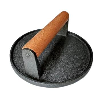 Imagem de Uoiktuh Prensa de hambúrguer de ferro fundido de 17,78 cm, prensa redonda de bacon, bife de carne com cabo de madeira para churrasco, churrasco, bife de carne esmagada, prensa de peso