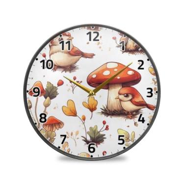 Imagem de WELLDAY Relógio de parede sem tique-taque de 25,4 cm - cogumelos pássaros relógio redondo silencioso de quartzo operado por bateria para casa/escritório/cozinha/sala de aula
