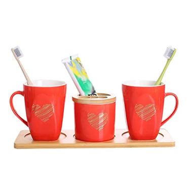 Imagem de YYBOES Conjunto de copos de lavagem de casa de cerâmica vermelha grande para casal, escova de dentes, cilindro de dentes, par de copos