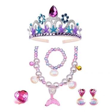 Imagem de Conjunto de Jóias Princesa Sereia Infantil Tiara Estrela do Mar Colar Anel Pulseira Brincos Acessórios para Festas e Apresentações Kit Presente