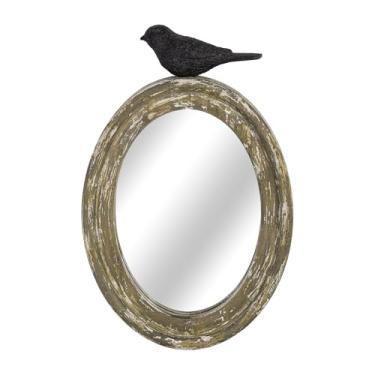 Imagem de NIKKY HOME Espelho de parede oval pequeno, moldura de madeira vintage com decoração de pássaros espelhos decorativos pendurados na parede para banheiro, sala de estar, escritório, marrom