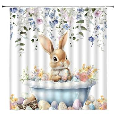 Imagem de FJLLFJ Cortina de chuveiro de Páscoa, coelhinho na banheira, folha, floral, coelho, ovos, festival de primavera, cortina de banheiro de poliéster com 12 ganchos, decoração de casa de banheira, 177 x