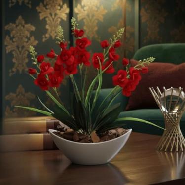 Imagem de Arranjo de Orquídea Artificial com Vaso Branco e Casca Polida Decorativa para Mesa e Escritório(Vermelho1)