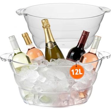 Imagem de Balde de gelo de acrílico de 12 L com alça, 45 x 29 cm, recipiente de gelo oval transparente para festas, bares, churrascos e bebidas 2 peças