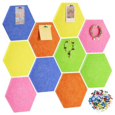 Imagem de DELORIGIN 20 peças de azulejos hexagonais de cortiça, placa de feltro autoadesiva, 5 cores, com 100 pinos de desenho, placa de feltro de cortiça para casa, escola, escritório, salas de conferência