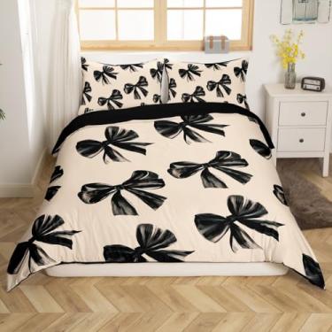 Imagem de Erosebridal Jogo de cama Queen com laço preto e gravata borboleta para decoração de quarto de crianças, adolescentes e adultos, capa de edredom com laço em aquarela, preto e branco, decoração simples