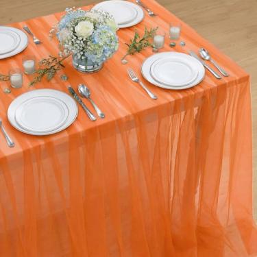 Imagem de Horaldaily Toalha de mesa retangular de gaze laranja brilhante de 152 cm x 354 cm, toalha de mesa de queijo de gaze, boho, rústica, para festa de casamento, chá de bebê, decoração de casa