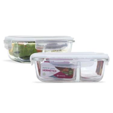 Imagem de Kit 2 Potes Vidro Hermético Com Divisória 640ml Marmita Fit - U4home, 