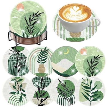 Imagem de Kit de 8 peças de porta-copos de arte de diamante de folha, porta-copos de pintura de diamante com suporte, suprimentos de artes e artesanato astral 10 x 10 cm (almofada de madeira de cortiça)