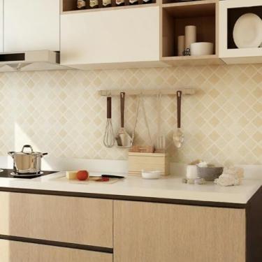 Imagem de ESSMOKO Papel de parede imitação de cerâmica efeito cozinha impermeável e à prova de óleo adesivo PVC resistente a altas temperaturas autoadesivo papel de parede azulejo adesivo diamante amarelo 45