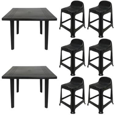 Imagem de 2 Mesas Quadradas Desmontáveis de Plástico 90cm Preta + 6 Banquetas Com Encosto