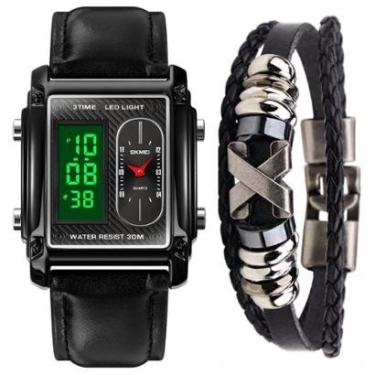 Imagem de Relógio Analógico Digital Couro Masculino Skmei + Bracelete-Masculino
