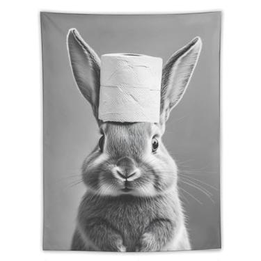 Imagem de Tapeçaria de chapéu de papel higiênico de coelho impressão artística preta branca para quarto sala de estar dormitório decoração de casa com adorável design de animal pequeno Tapeçaria 152 x 203 cm