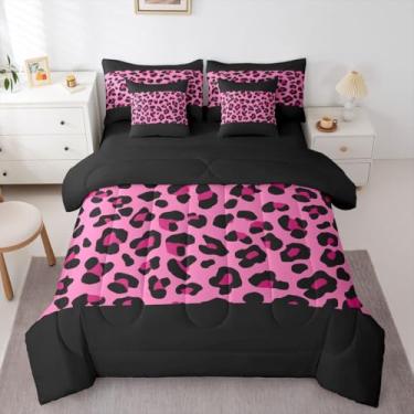 Imagem de Feelyou Conjunto de edredom solteiro de leopardo rosa, 7 peças, animais safári, guepardo, para crianças, meninos, meninas, retangular, com edredom e lençol com edredom