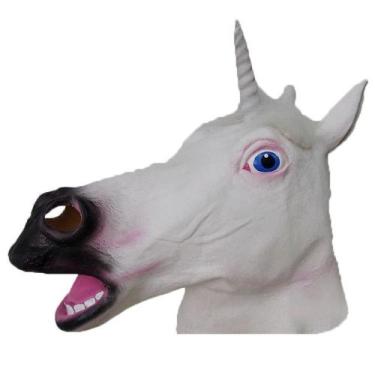 Imagem de Máscara de unicórnio realista com cabeça de cavalo branca com resina d