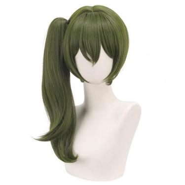 Imagem de Peruca de cosplay de anime com rabo de cavalo verde longo com franja d
