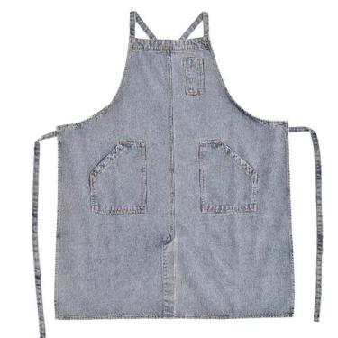 Imagem de Avental de jeans lavado em algodão estilo coreano com alças cruzadas -