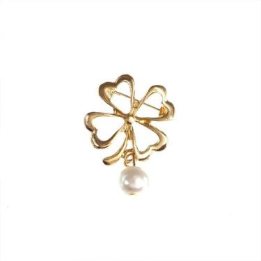 Imagem de Alfinete de broche de quatro folhas, trevo, pérola, banhado a ouro, li