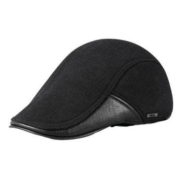 Imagem de Boné plano masculino de lã e couro preto estilo Gatsby Newsboy - Yiwei