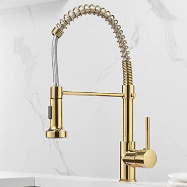 Imagem de Torneiras de cozinha escova torneiras de bronze para pia de cozinha de alavanca única pull out bico de mola misturadores torneira de água quente e fria guindaste, ouro, china