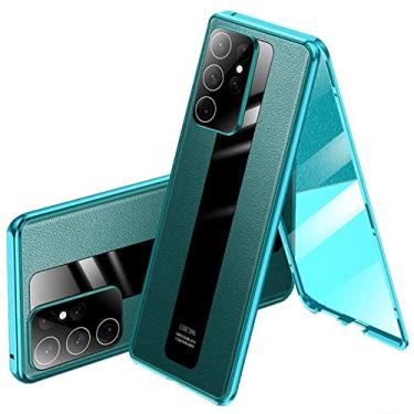 Imagem de XD Designs Capa para Samsung Galaxy S22/S22 Plus/S22 Ultra 5G, capa de proteção dupla face adsorção magnética transparente vidro temperado metal bumper capa flip couro genuíno, azul, s22 6,1 ''