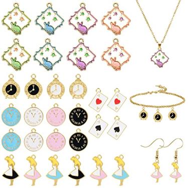 Imagem de Pagow 30 peças de pingente de guirlanda Alice no País das Maravilhas, pingente de esmalte banhado a ouro sortido para fazer joias, descobertas de joias, colar, pulseira de artesanato acessórios de arte, Pedra, Pedra dourada