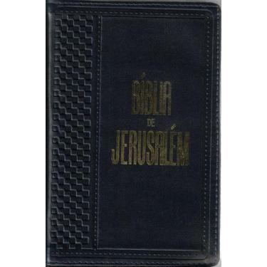 Imagem de Bíblia De Jerusalém Media Luxo Azul Lateral Dourada Material Sintético