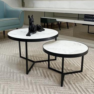 Imagem de Conjunto Mesa de Centro Redonda Dallas Marmorizado Branco - BELI HOUSE