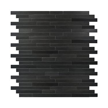 Imagem de Azulejo de metrô linear Backsplash preto, superfície de metal de alumínio autocolante DIY adesivo em azulejos de parede para cozinha banheiro (6 folhas)