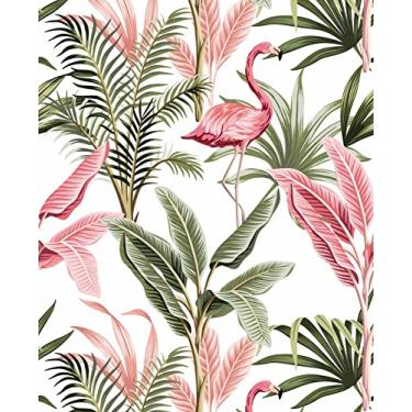Imagem de Papel de parede aquarela rosa flamingo Tropical Peel and Stick folha verde removível vinil autoadesivo papel de parede para decoração de parede 45 x 3 m