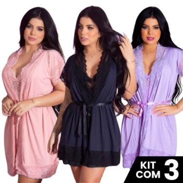 Imagem de Kit 3 Robes  Renda Luxo  Feminino Noiva Sexy Roupão de Banho Kimono Ro