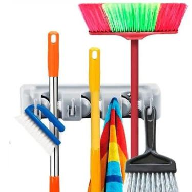 Imagem de Suporte de Vassoura Multiuso com 3 cavidades e 4 Ganchos para Rodo Pan