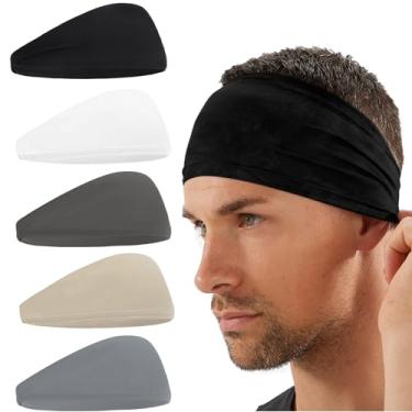 Imagem de Bandanas esportivas masculinas, pacote com 5 faixas de suor, para corrida, absorção de umidade, refrescante, para homens e mulheres, faixa de cabelo unissex elástica para exercícios físicos