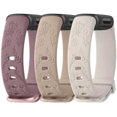 Imagem de Meliya Pulseira de substituição para Fitbit Inspire 3 para mulheres e homens, pulseiras de silicone com gravação floral para Fitbit Inspire 3 Fitness Tracker (violeta moke + chá de leite + luz das
