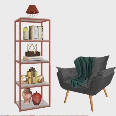 Imagem de Kit Poltrona Fatte com Manta Soft Verde e Estante Livreiro Ferro Bronze mdf Marmorizado Cinza Suede Cinza - Ahz Móveis
