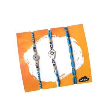 Imagem de weRevel Conjunto de 3 Rakhi olho turco para irmão – Combo elegante azul Nazar Rakhi com miçangas e motivos simbólicos – Raksha Bandhan Dori protetor