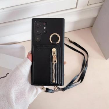 Imagem de HJZSZX Para Galaxy S23 Ultra Crossbody Carteira de couro com porta-cartão Capa de telefone à prova de choque (para Galaxy S23 Ultra/preto)