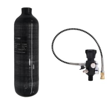 Imagem de Tanque de ar de fibra de carbono TUXING 1,1L 4500psi (garrafa vazia) Estação de enchimento de paintball com dois manômetros de até 24 polegadas com mangueira de alta pressão M18*1,5