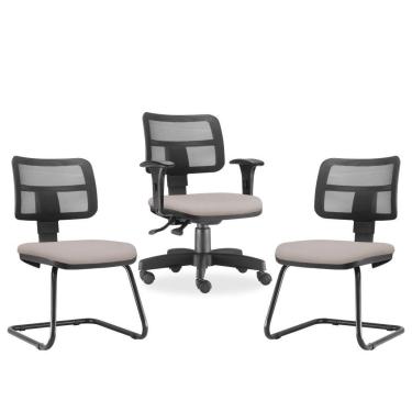 Imagem de Kit Cadeira de Escritório Giratória e 02 Cadeiras Fixas Zip L02 Linho Bege - Lyam Decor