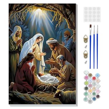 Imagem de DOMROM Kit de pintura emoldurada de Natal por números para adultos com cavalete de madeira, kit de pintura por números Jesus Born para iniciantes, kits de pintura a óleo DIY para decoração de parede