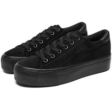 Imagem de THATXUAOV Tênis feminino plataforma branco tênis casual cano baixo moderno tênis, Preto, 5