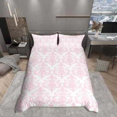 Imagem de Conjunto de capa de edredom rosa e branco damasco tamanho casal, capa de colcha reversível estilo boêmio, estilo vitoriano, estilo boêmio, com 2 fronhas, vintage gótico, renda floral, respirável (sem